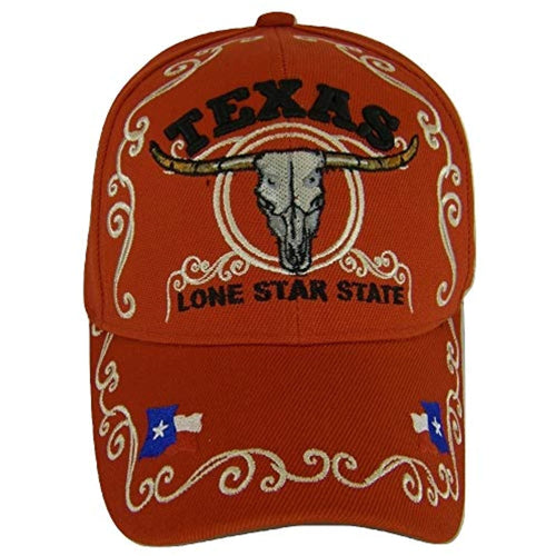 Texas Lone Star State Adjustable Baseball Cap with Flag and Longhorn (Red)