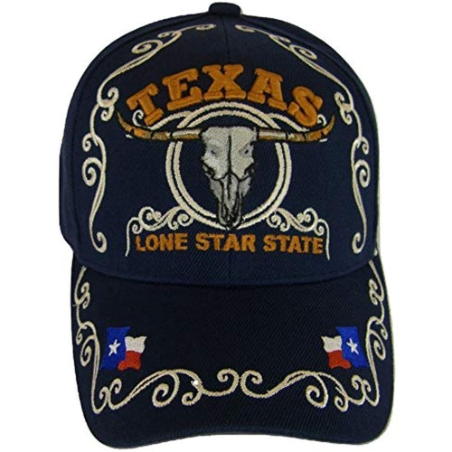 Texas Lone Star State Adjustable Baseball Cap with Flag and Longhorn (Navy)