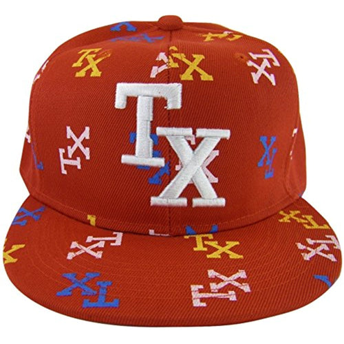 Texas Men's Fitted Flat Brim Baseball Caps (TX All Over Red, Large)