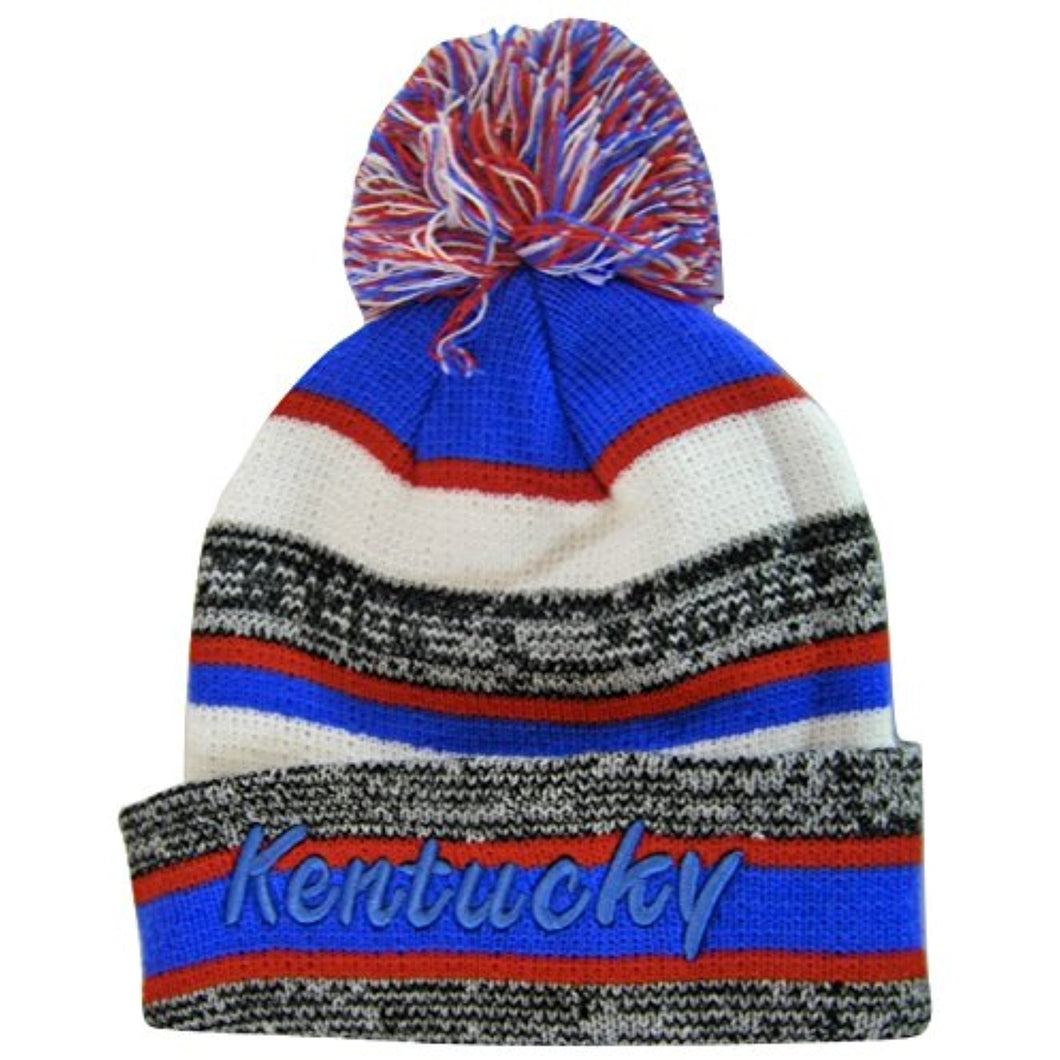 Kentucky 4-Color Embroidered Thick Winter Knit Pom Beanie Hat (Blue/Blue Script)