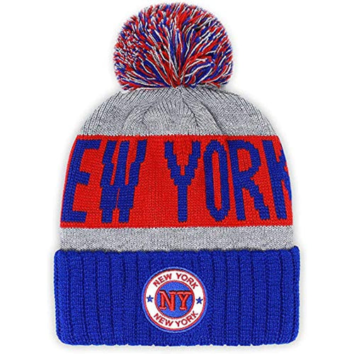 New York Men's Winter Knit Landmark Patch Pom Beanie (Royal/Red)