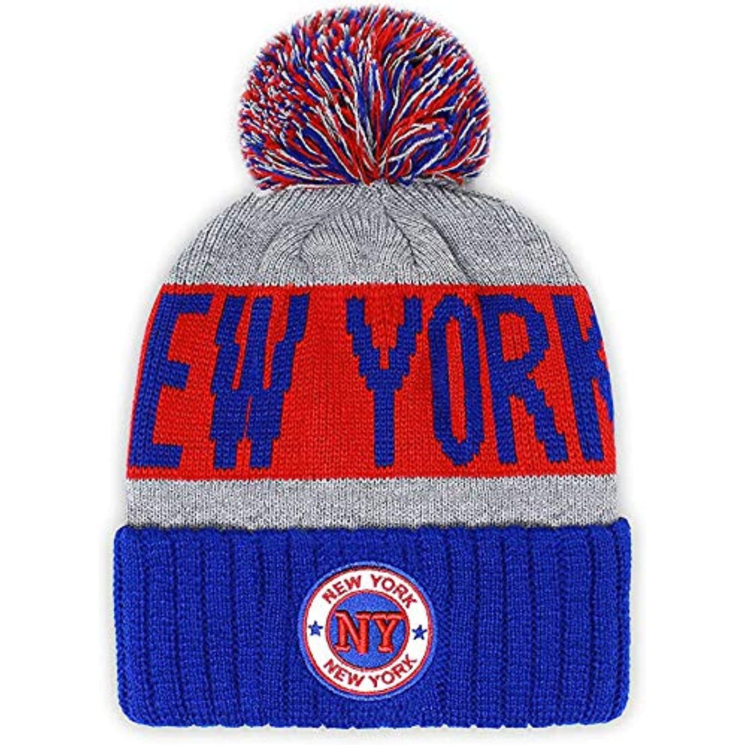 New York Men's Winter Knit Landmark Patch Pom Beanie (Royal/Red)