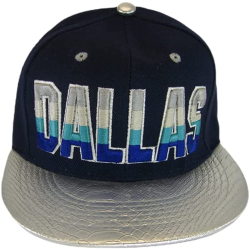 Dallas City Name Textured Brim Adjustable Snapback Baseball Cap (Navy/Silver)