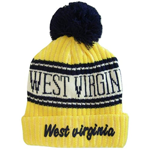 West Virginia Plush Lined Embroidered Winter Knit Pom Beanie Hat (Gold/Navy Script)