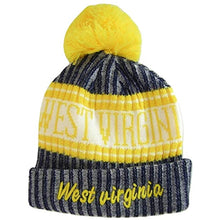 West Virginia Plush Lined Embroidered Winter Knit Pom Beanie Hat (Navy/Gold Script)