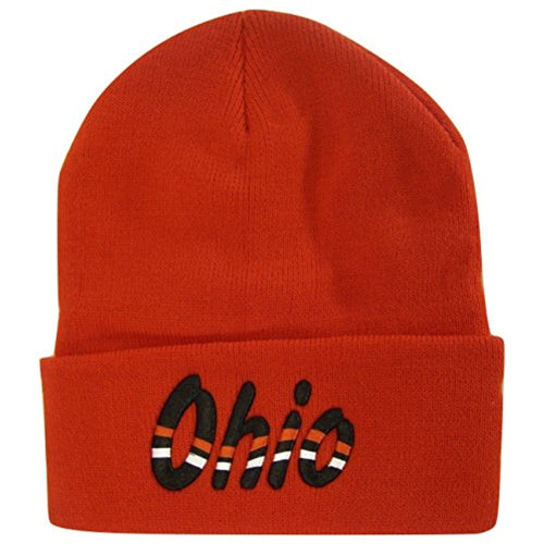 Ohio Adult Size Wavy Script Winter Knit Beanie Hat (Red)