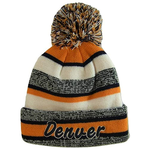 Denver Embroidered Winter Knit Pom Beanie Hat (Orange/Navy Script)