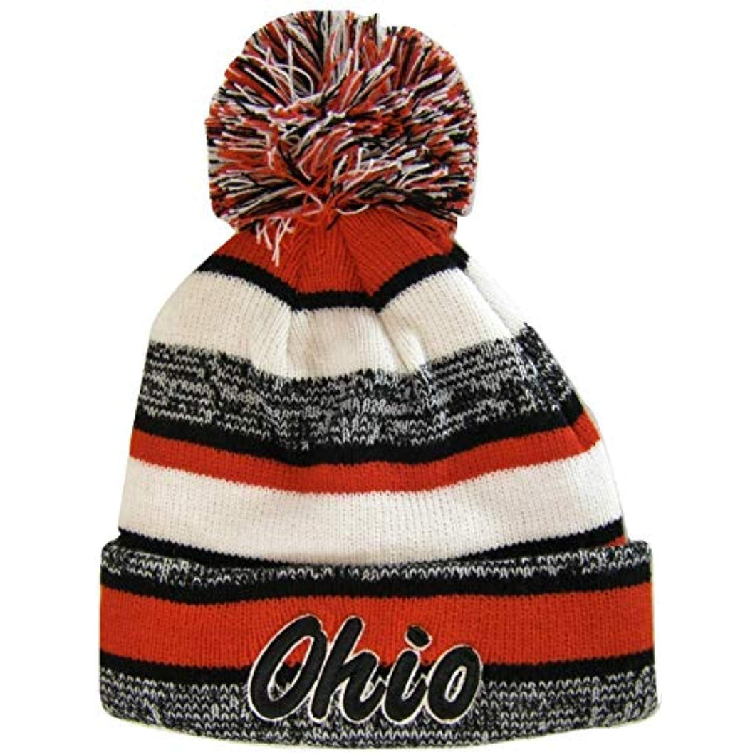 Ohio Embroidered Winter Knit Pom Beanie Hat (Red/Black/Black Script)