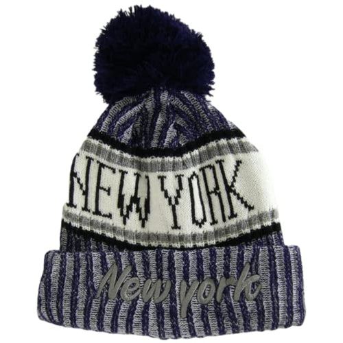 New York Plush Lined Embroidered Winter Knit Pom Beanie Hat (Navy)