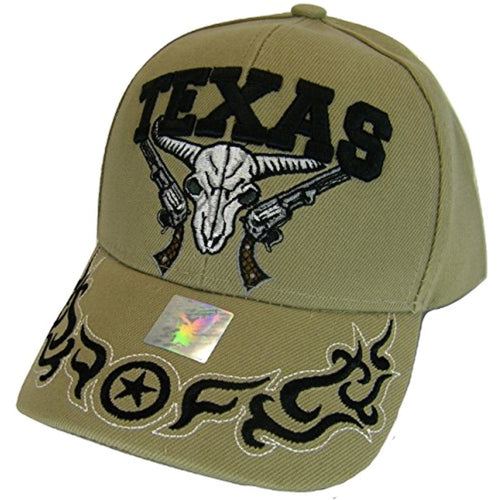 Texas Skull Guns & Flames Men's Adjustable Baseball Cap (Khaki)
