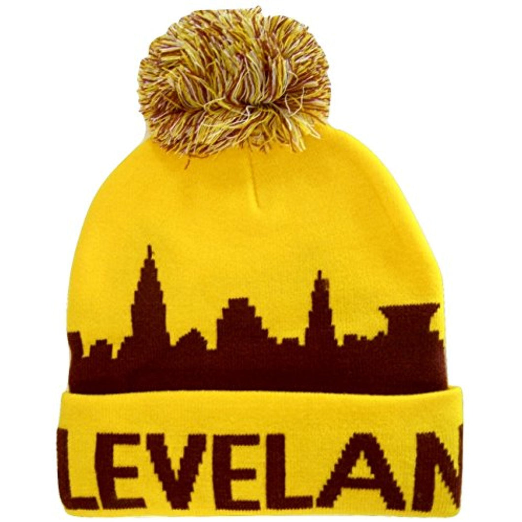 Cleveland Adult Size Winter Knit Beanie Hats (Gold/Wine Skyline)