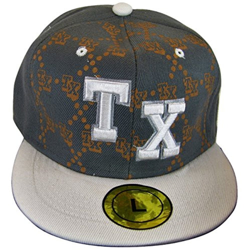 Texas Men's Fitted Flat Brim Baseball Caps (TX All Over Gray/White, Large)