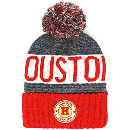 Houston Men's Winter Knit Landmark Patch Pom Beanie (Red/White)