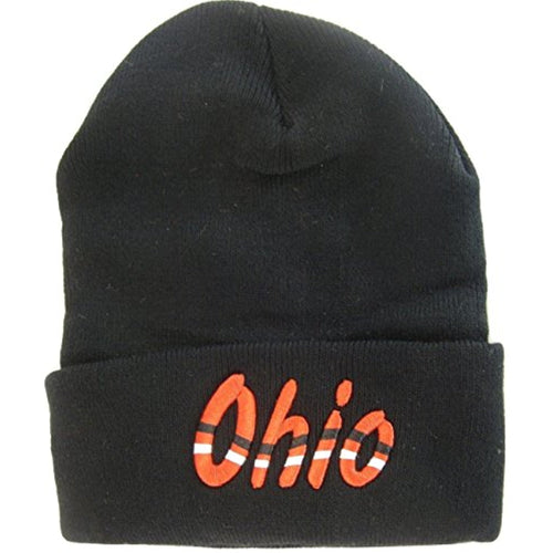 Ohio Adult Size Wavy Script Winter Knit Beanie Hat (Black)