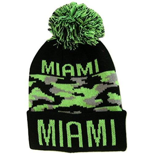 Miami Adult Size Winter Knit Beanie Hats (Camo/Green)