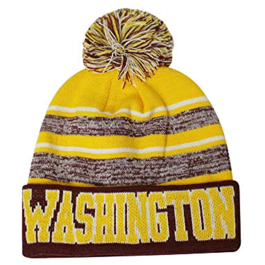 Washington Men's Blended Stripe Winter Knit Pom Beanie Hat (Maroon/Gold)