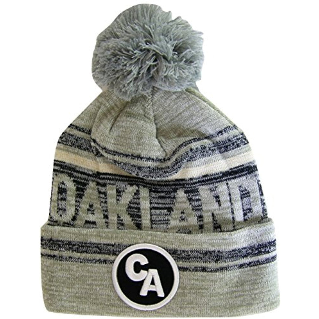 Oakland CA Patch Fade Out Cuffed Knit Winter Pom Beanie Hat (Gray/Black)