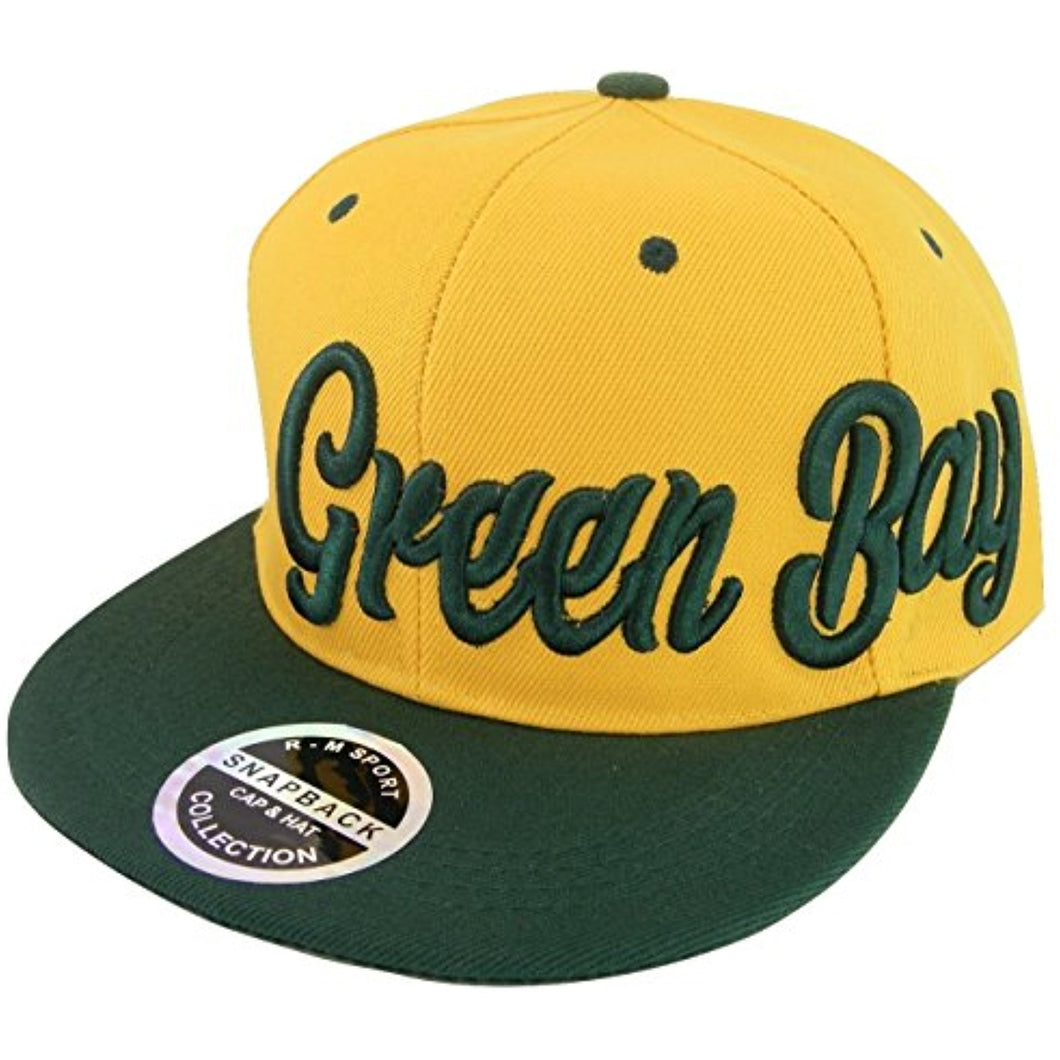 Green Bay Men's Offset Cursive Script Adjustable Snapback Baseball Cap (Gold/Green)