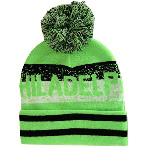 Philadelphia Pixelated Adult Size Winter Knit Pom Beanie Hat (Neon Green/Black)