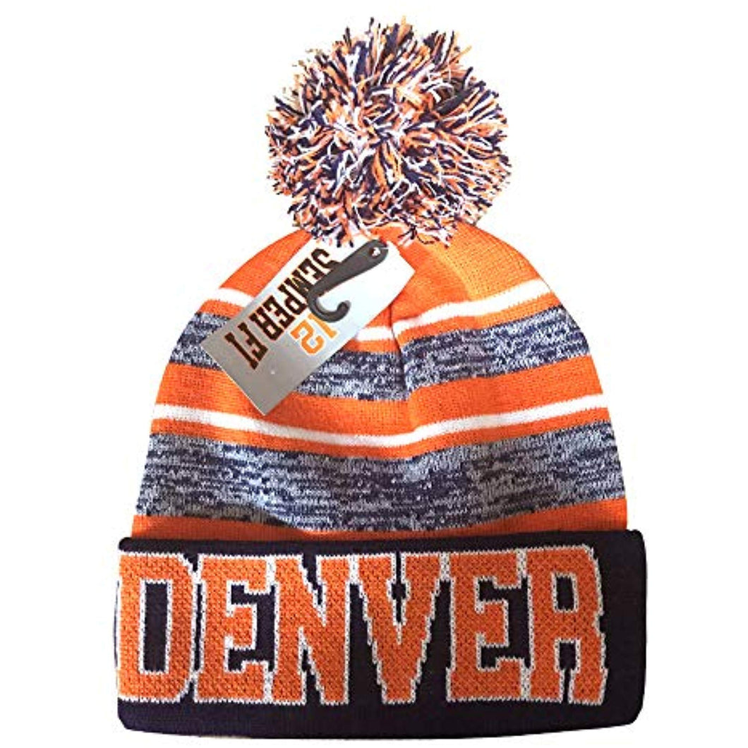 Denver Men's Blended Stripe Winter Knit Pom Beanie Hat (Navy/Orange)