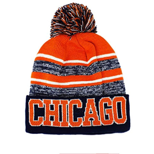 Chicago Men's Blended Stripe Winter Knit Pom Beanie Hat (Midnight Blue/Orange)