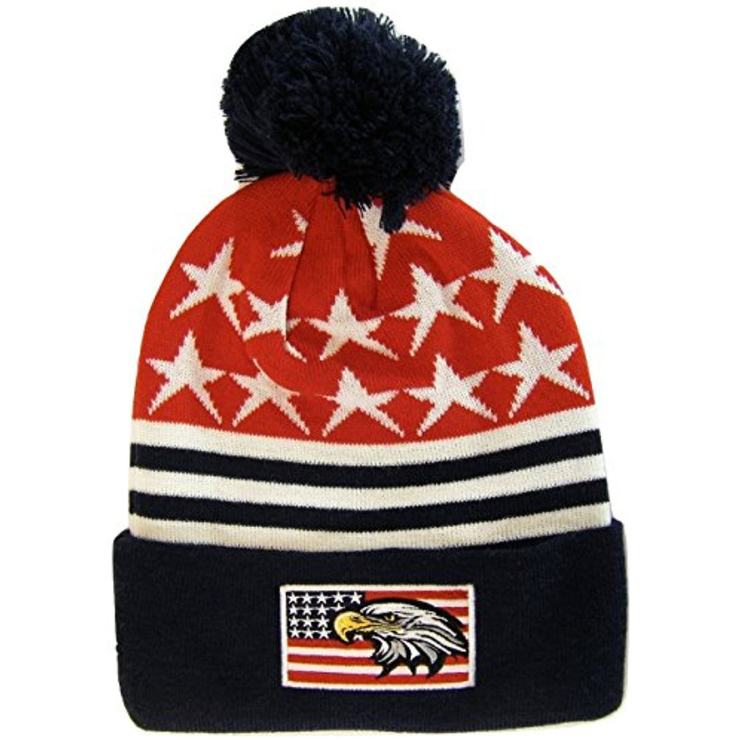 USA Winter Knit Pom Beanie Hat With Embroidered Flag & Eagle (Navy)