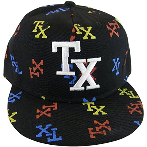 Texas Men's Fitted Flat Brim Baseball Caps (TX All Over Black, Large)