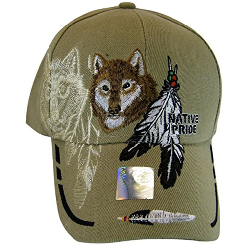 Native Pride Wolf & Feather Cap with Shadow Men's Adjustable Baseball Cap (Khaki)