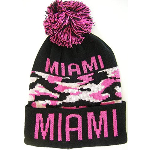 Miami Adult Size Winter Knit Beanie Hats (Camo/Hot Pink)