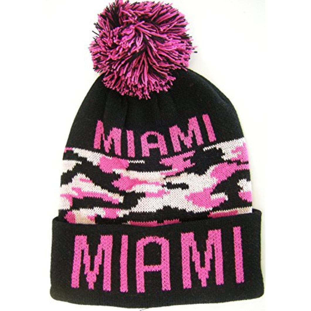 Miami Adult Size Winter Knit Beanie Hats (Camo/Hot Pink)