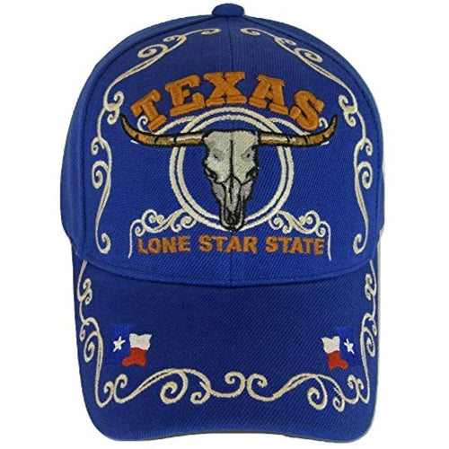 Texas Lone Star State Adjustable Baseball Cap with Flag and Longhorn (Royal)