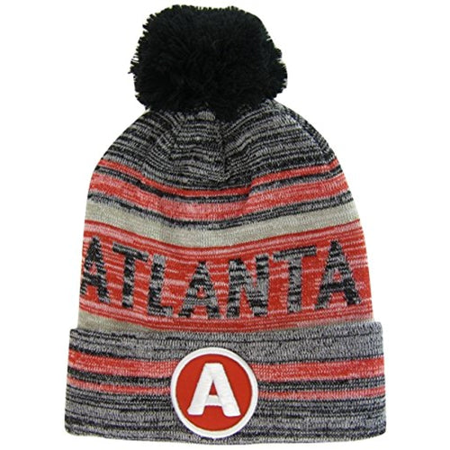 Atlanta A Patch Fade Out Cuffed Knit Winter Pom Beanie Hat (Gray/Red)