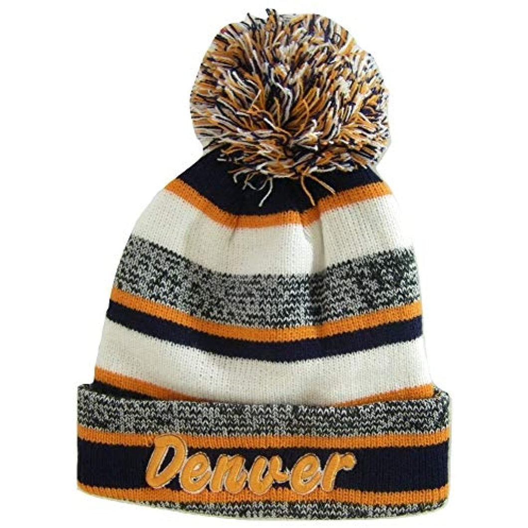 Denver Embroidered Winter Knit Pom Beanie Hat (Navy/Orange Script)