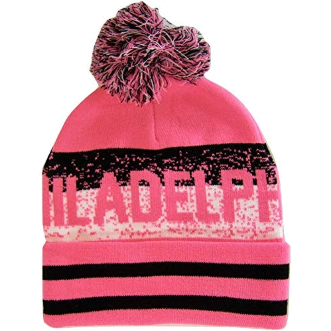 Philadelphia Pixelated Adult Size Winter Knit Pom Beanie Hat (Pink/Black)