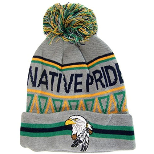 Native Pride Eagle Cuffed Knit Winter Hat Pom Beanie (Light Gray)