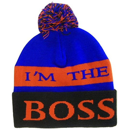 I'm The Boss Adult Size Tri-Color Striped Winter Knit Pom Beanie Hats (Royal/Red/Black)