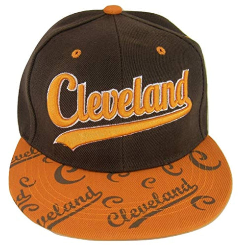 Cleveland Script Print on Bill Adjustable Snapback Baseball Cap (Brown/Orange)