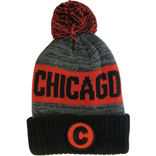 Chicago C Patch Ribbed Cuff Knit Winter Hat Pom Beanie (Black/Red Patch)