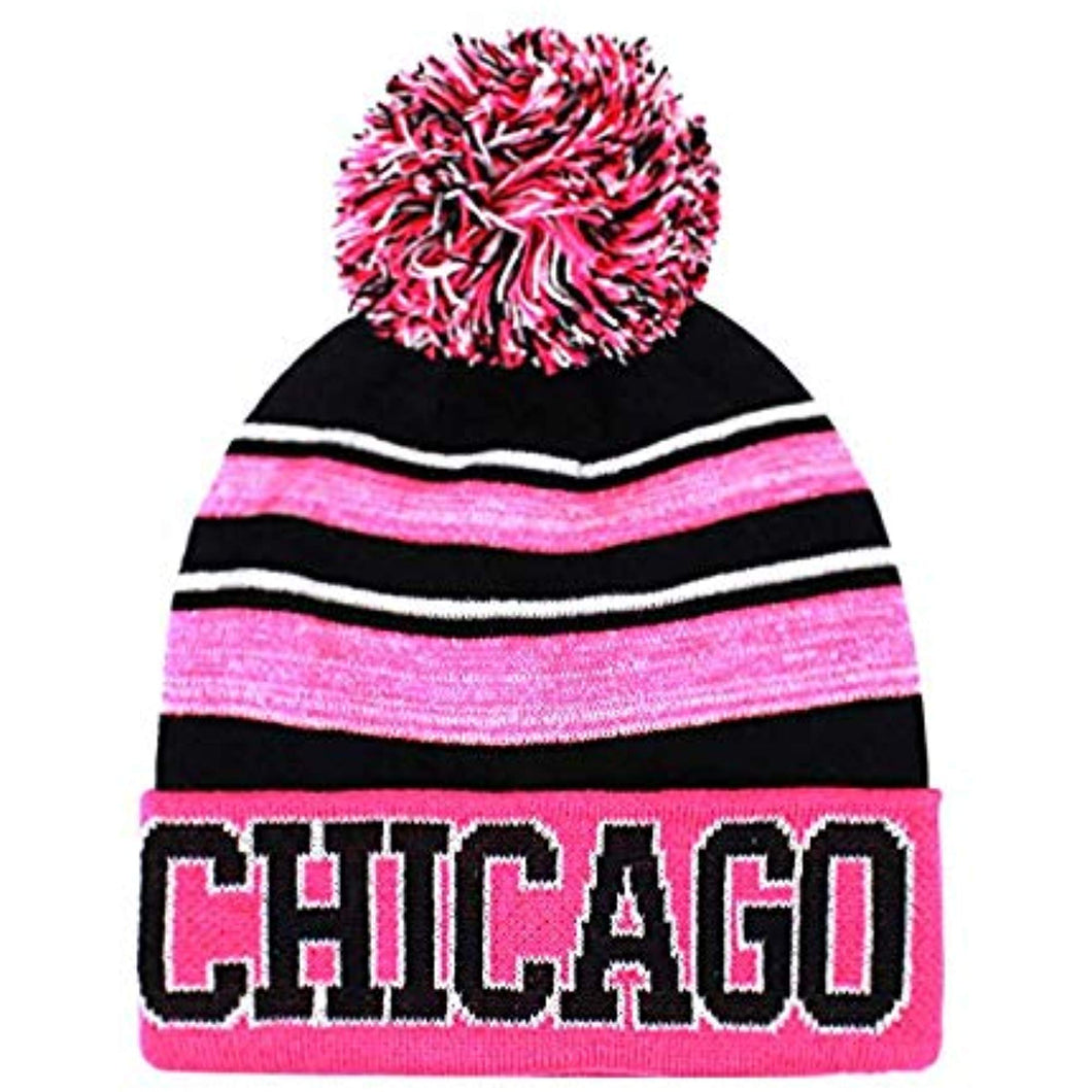 Chicago Men's Blended Stripe Winter Knit Pom Beanie Hat (Hot Pink/Black)