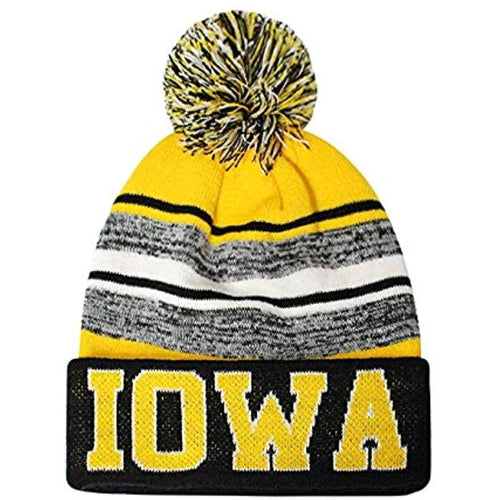 Iowa Men's Blended Stripe Winter Knit Pom Beanie Hat (Black/Gold)