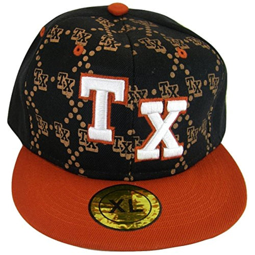 Texas Men's Fitted Flat Brim Baseball Caps (TX All Over Black/Red, X-Large)