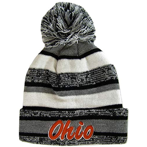 Ohio Embroidered Winter Knit Pom Beanie Hat (Gray/Black/Red Script)