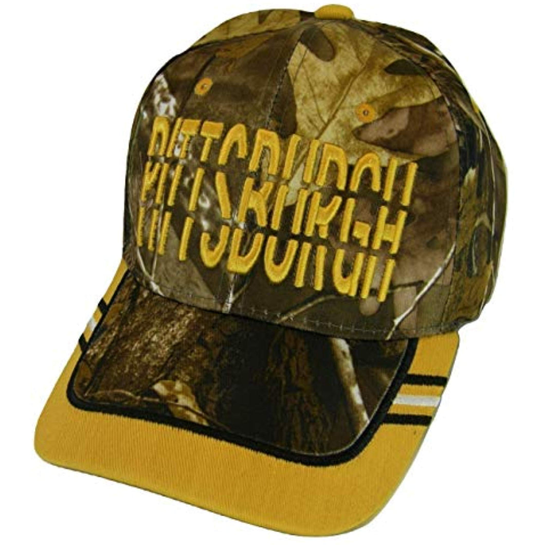 Pittsburgh Window Shade Font Men's Adjustable Baseball Cap (Camo/Gold)