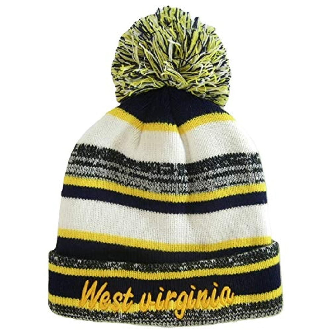 West Virginia Embroidered Winter Knit Pom Beanie Hat (Navy/Gold Script)