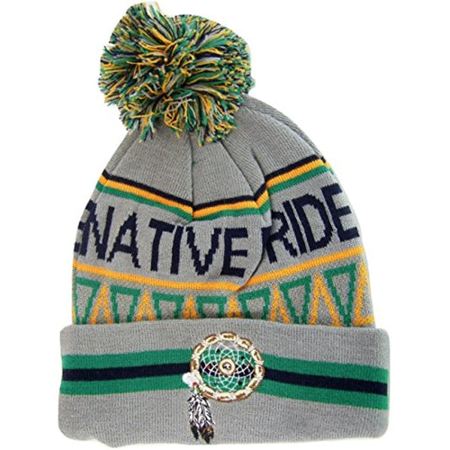 Native Pride Dream Catcher Cuffed Knit Winter Hat Pom Beanie (Light Gray)