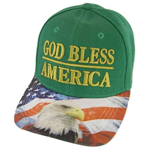 God Bless America Flag and Eagle Brim Patriotic Adjustable Baseball Cap (Green)