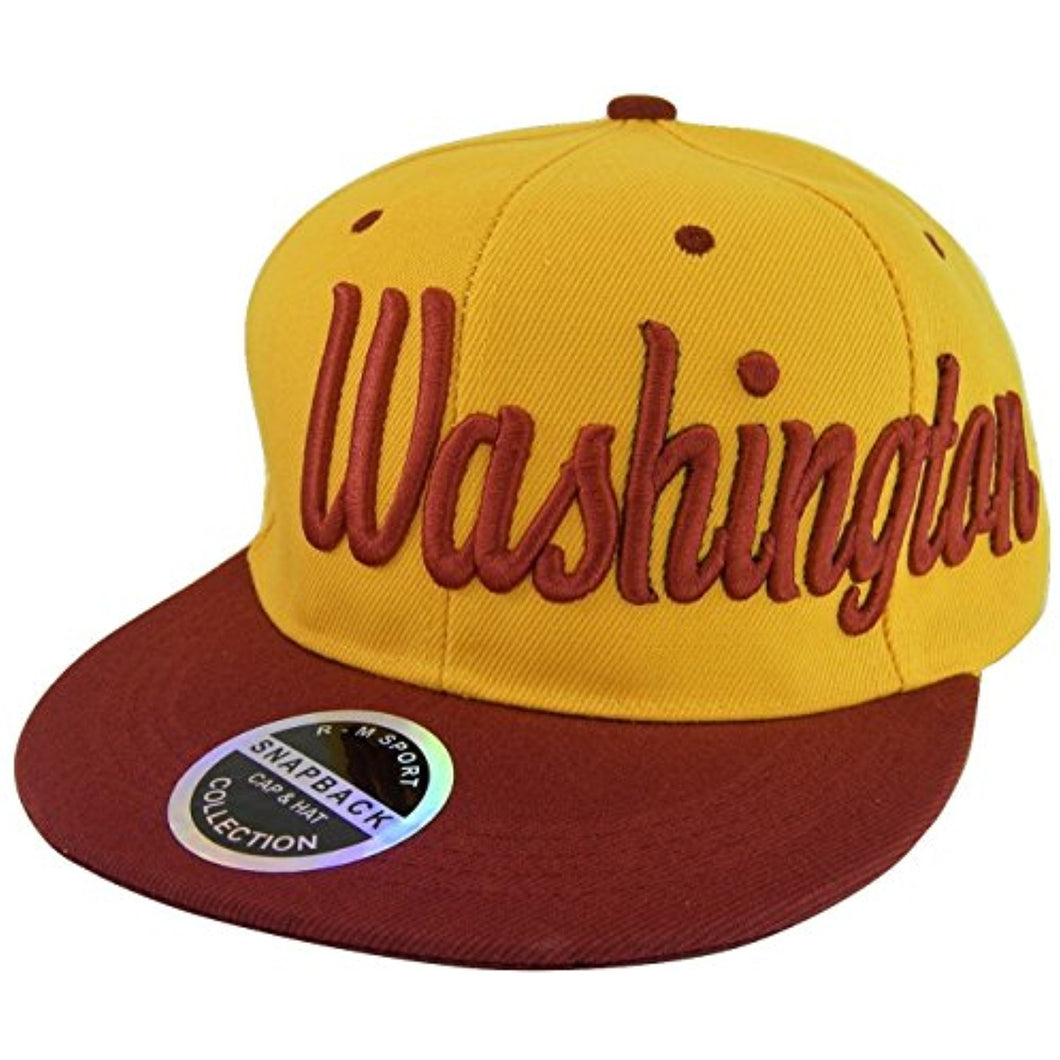 Washington Men's Offset Cursive Script Adjustable Snapback Baseball Cap (Gold/Burgundy)