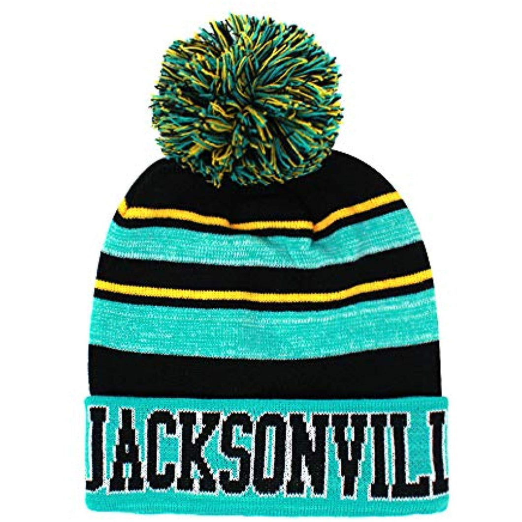 Jacksonville Men's Blended Stripe Winter Knit Pom Beanie Hat (Teal/Black)