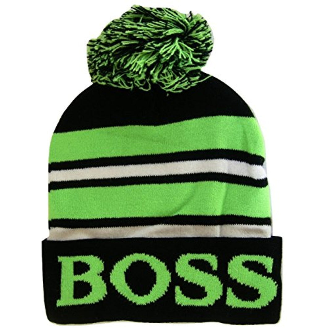 Boss Adult Size Tri-Color Striped Winter Knit Pom Beanie Hats (Black/Green)