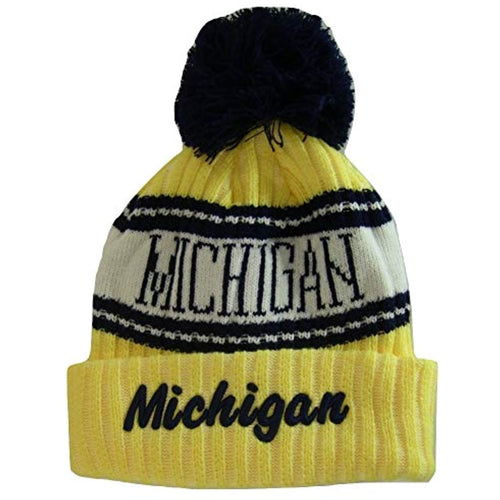 Michigan Plush Lined Embroidered Winter Knit Pom Beanie Hat (Gold/Navy Script)